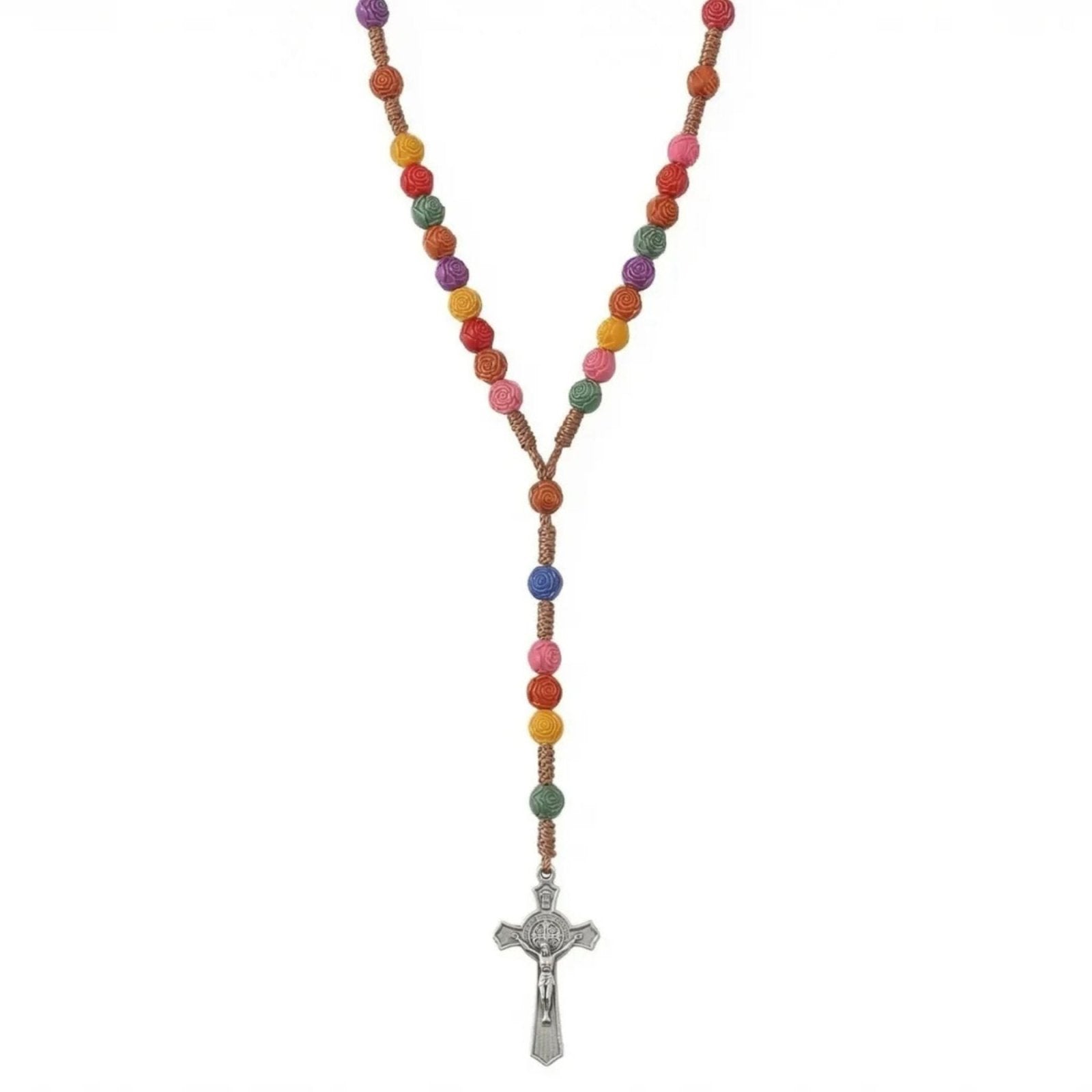 Chapelet perles en roses artisanal, avec résine, cordon tressé et pendentif croix en alliage métallique