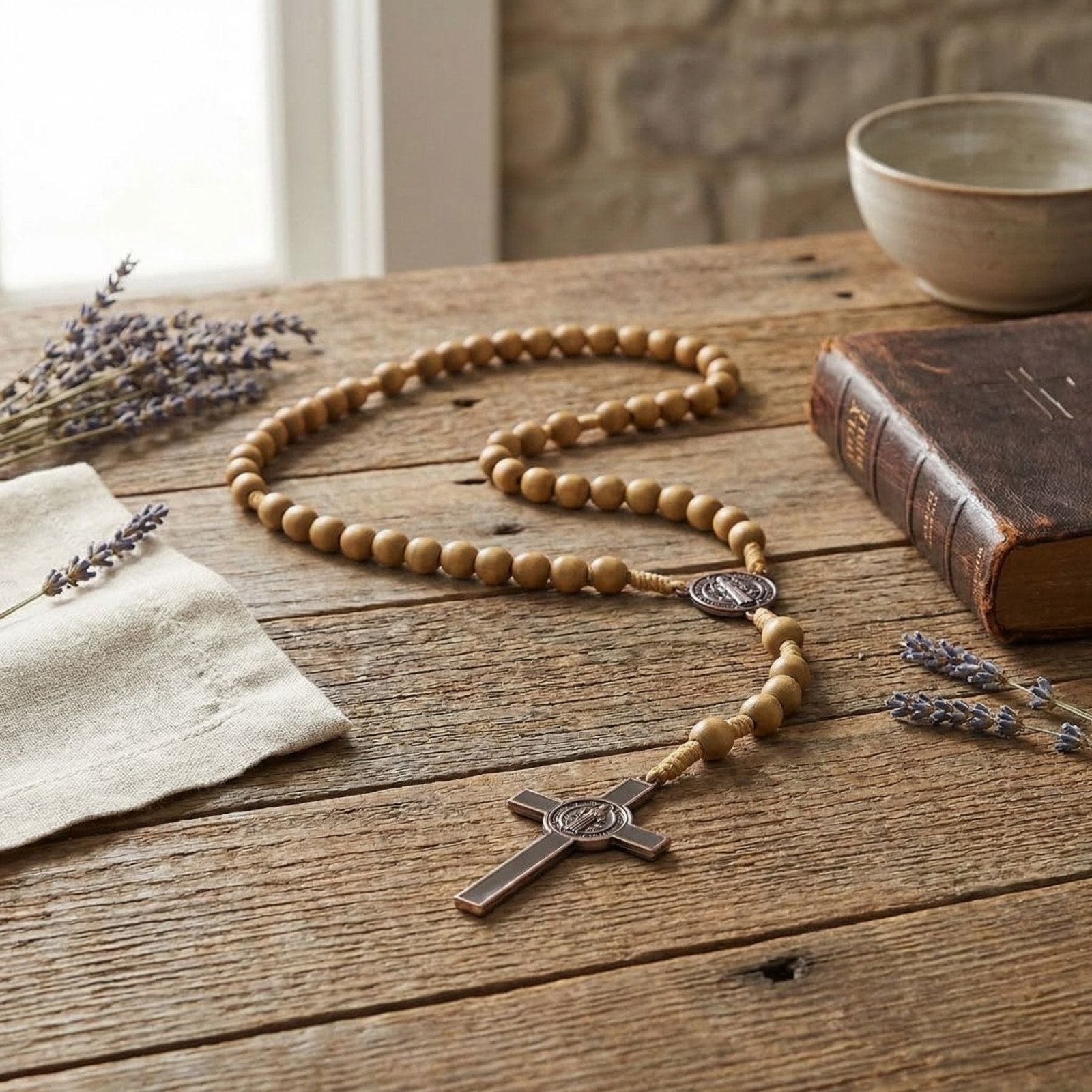 Chapelet Saint - Benoît, avec perles en bois et pendentif croix religieuse, en alliage métallique