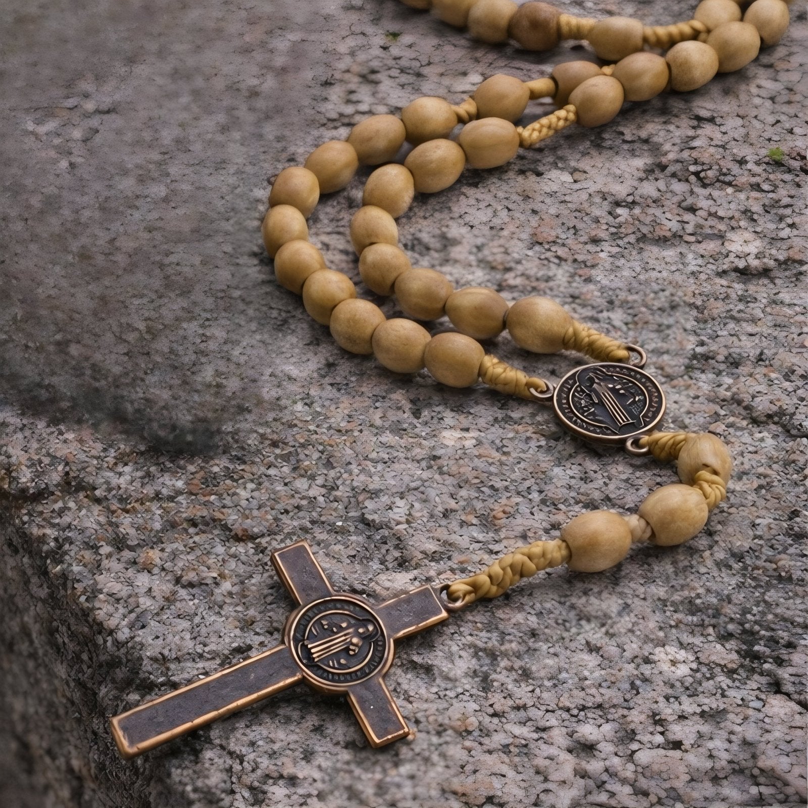 Chapelet Saint - Benoît, avec perles en bois et pendentif croix religieuse, en alliage métallique