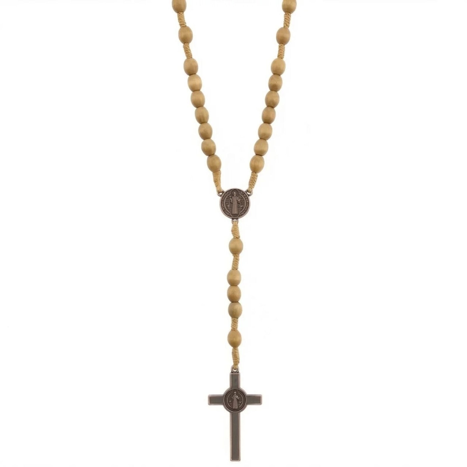 Chapelet Saint - Benoît, avec perles en bois et pendentif croix religieuse, en alliage métallique