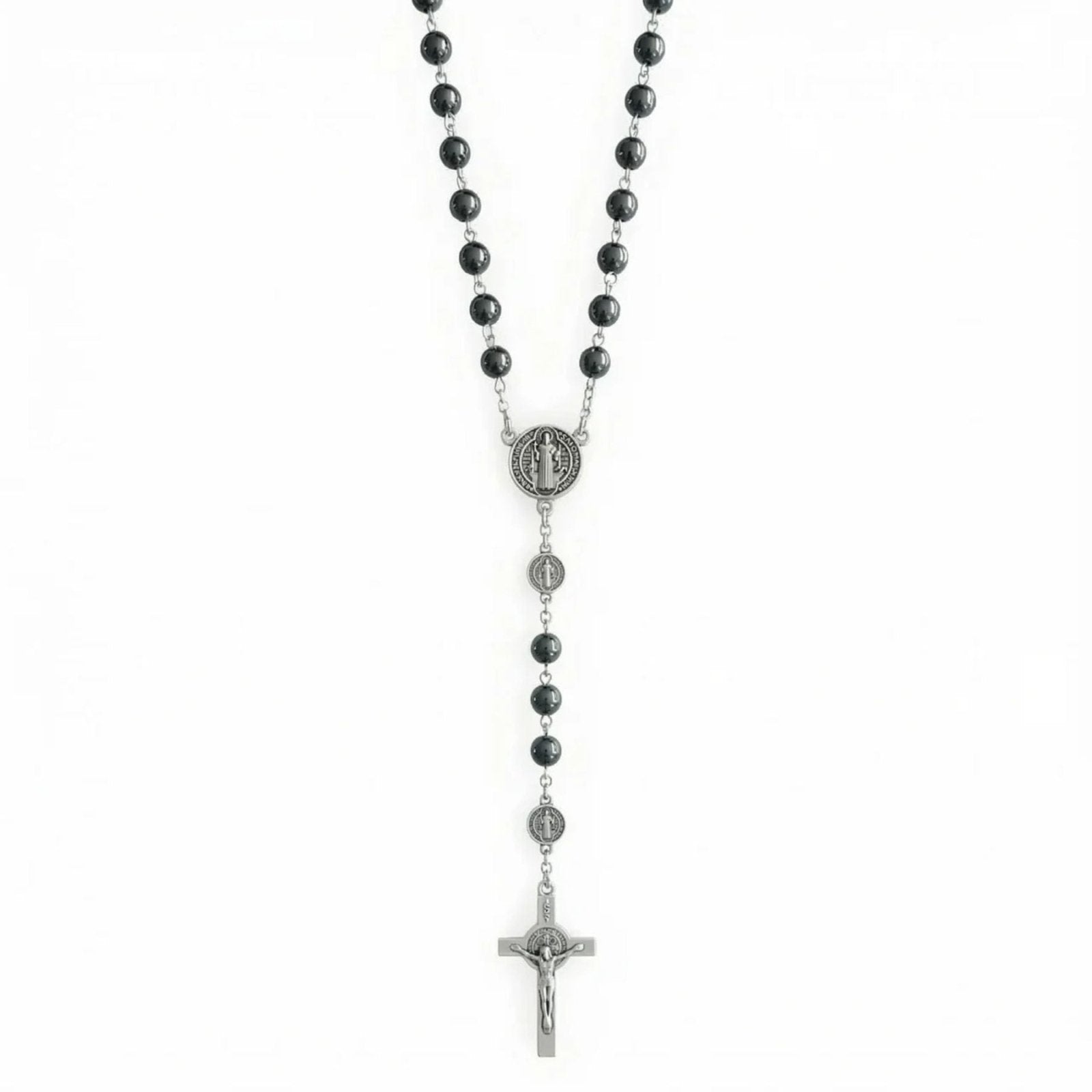 Chapelet Saint - Benoît pendentif croix et médailles religieuses, avec pierre naturelle d'hématite, en alliage métallique