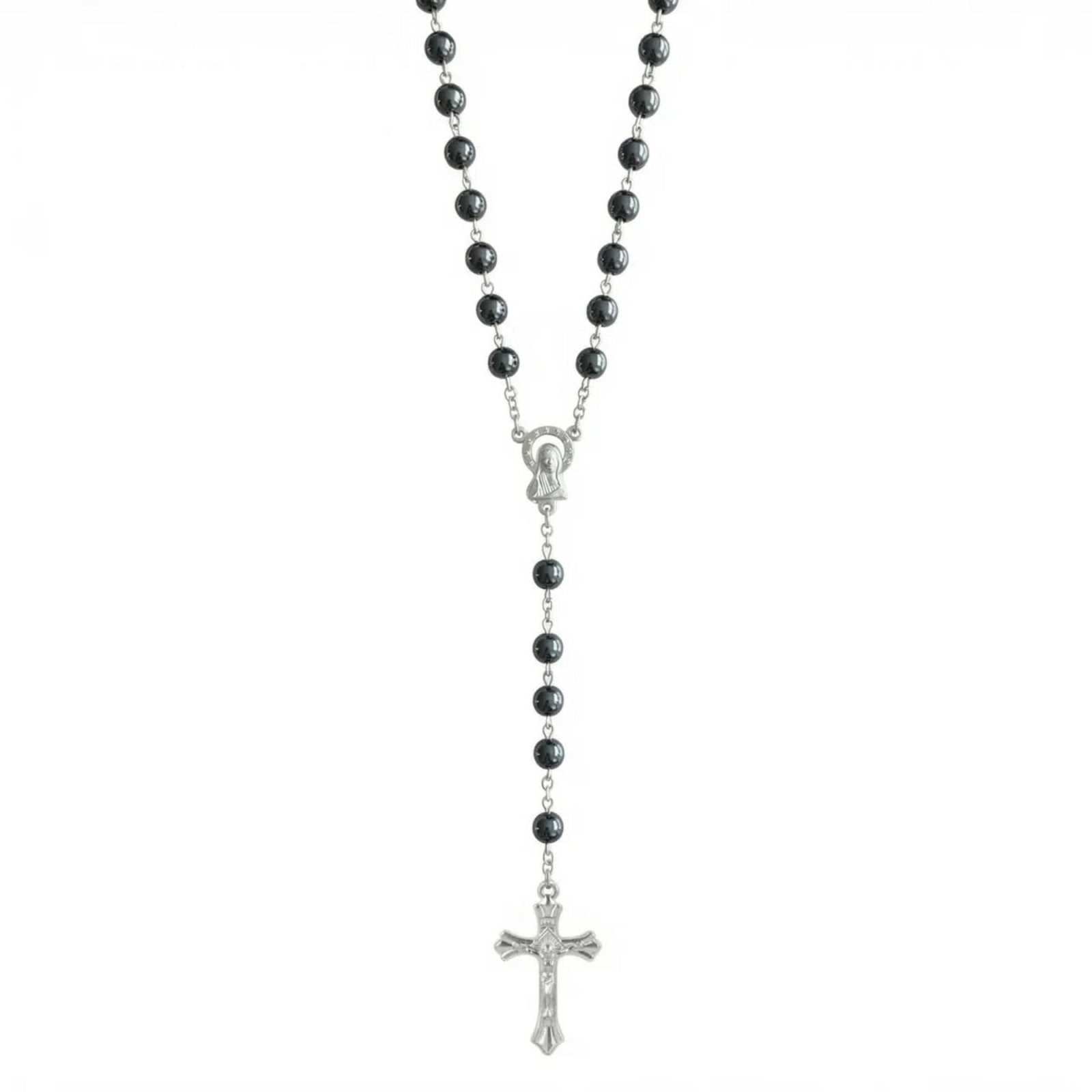 Chapelet Saint - Benoît pendentif croix et médailles religieuses, avec pierre naturelle d'hématite, en alliage métallique