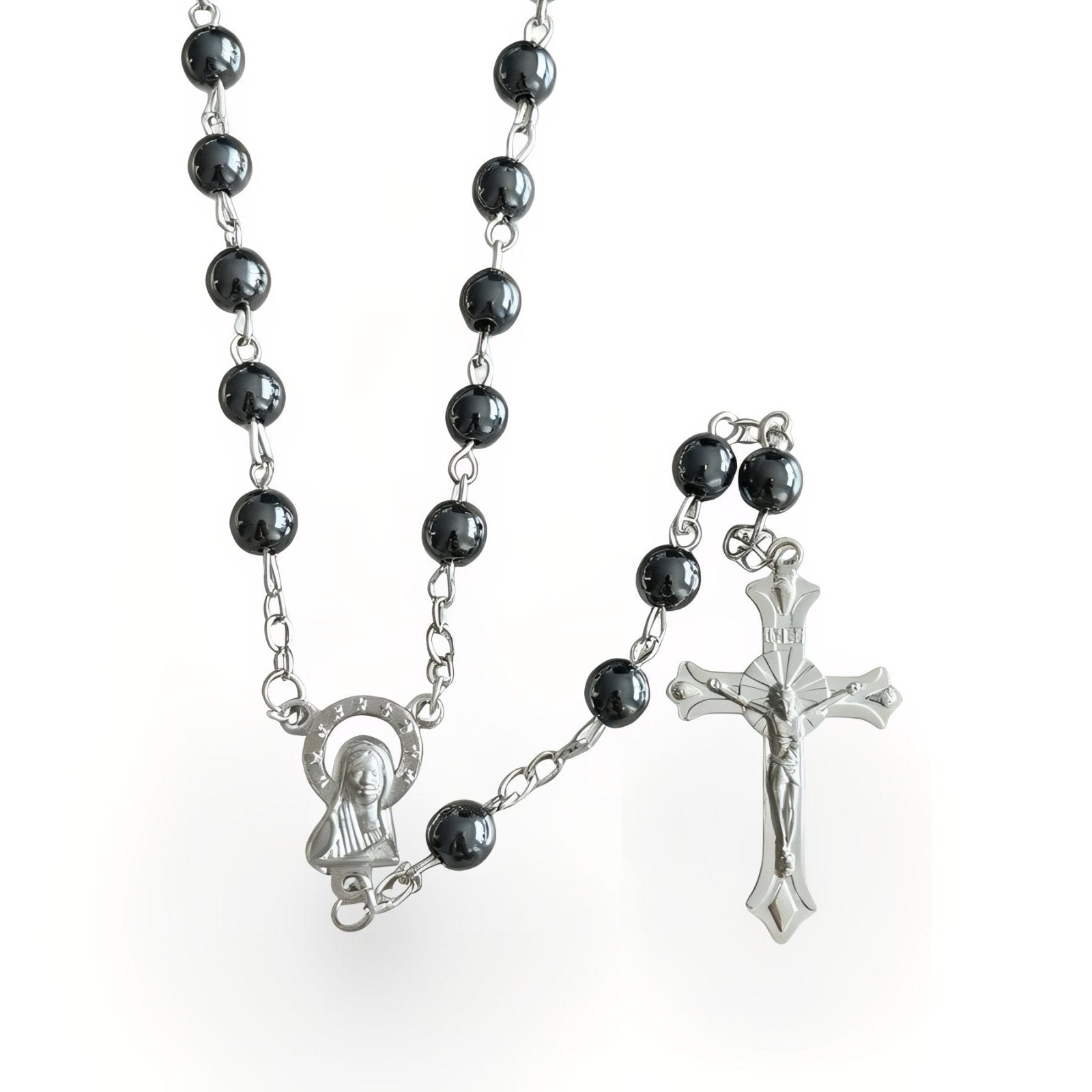 Chapelet Saint - Benoît pendentif croix et médailles religieuses, avec pierre naturelle d'hématite, en alliage métallique