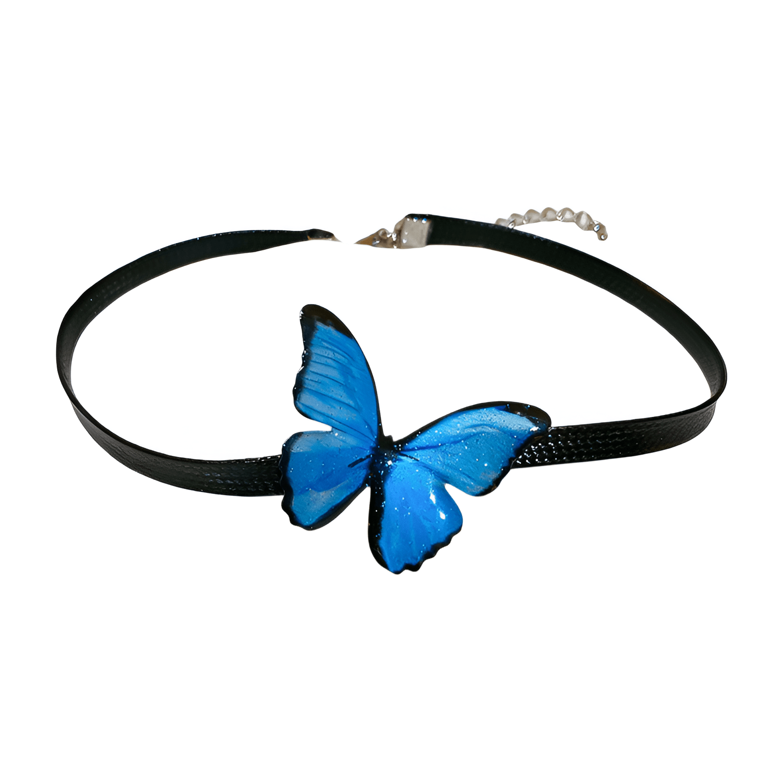 Choker papillon bleu, ruban noir, collier ras - de - cou fantaisie, modèle Mariposa