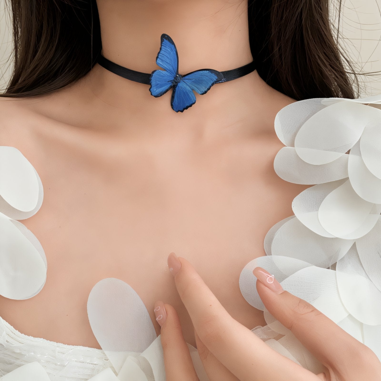 Choker papillon bleu, ruban noir, collier ras - de - cou fantaisie, modèle Mariposa