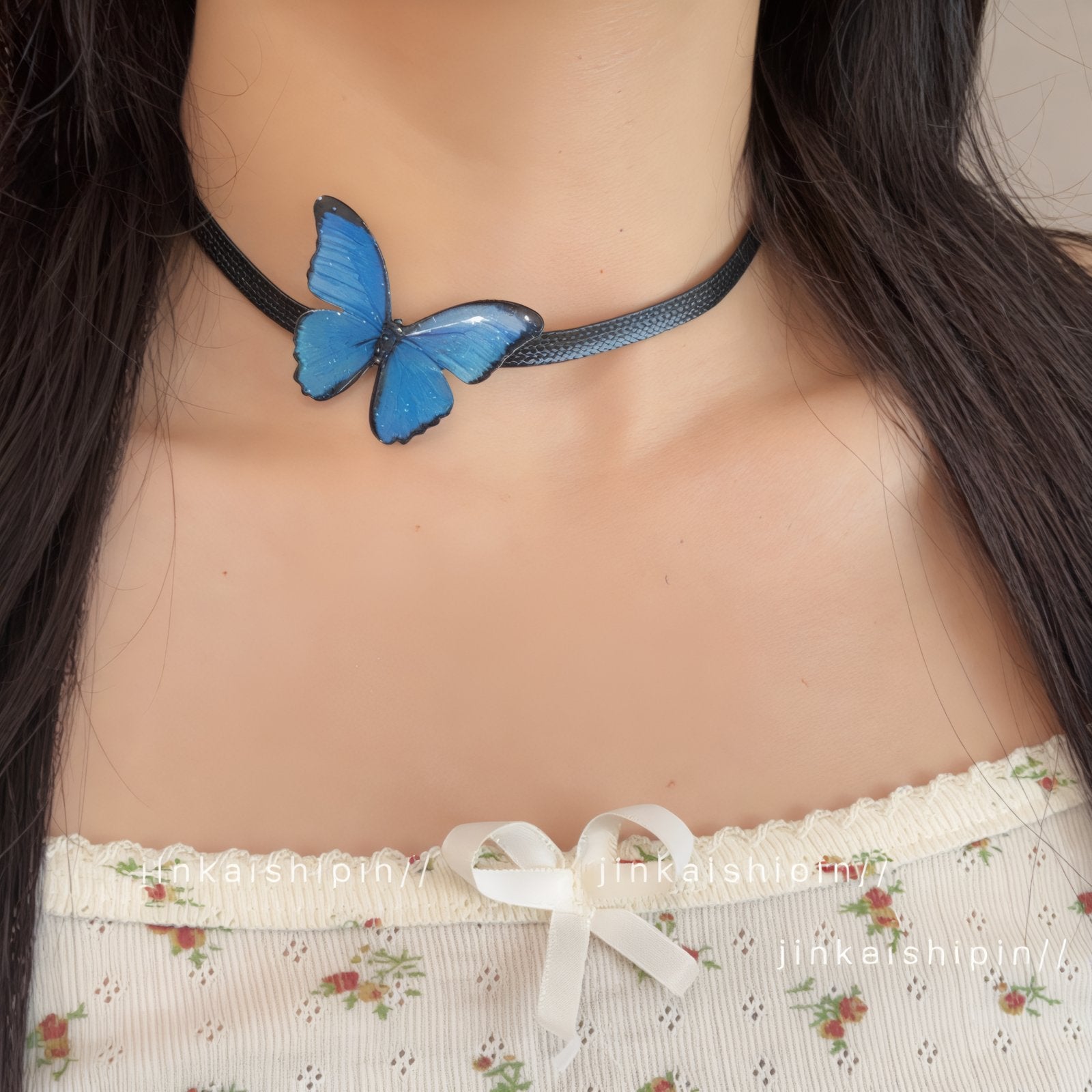 Choker papillon bleu, ruban noir, collier ras - de - cou fantaisie, modèle Mariposa