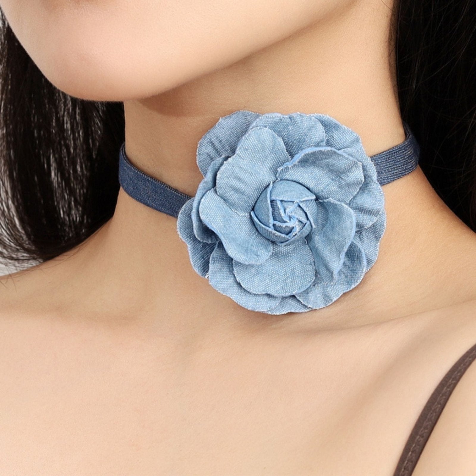 Choker ras - du - cou femme, fleur en jean bleu, tissu denim élégant style Y2K