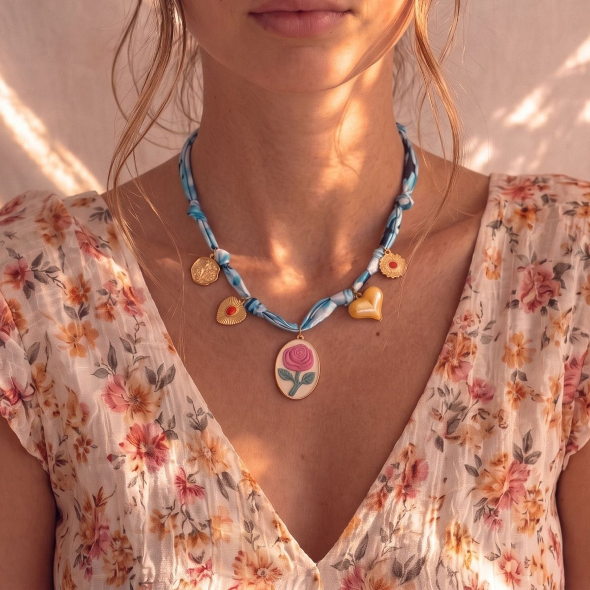 Collie rose pour femme, en acier inoxydable doré, foulard bleu avec cœur, soleil et breloques décoratives