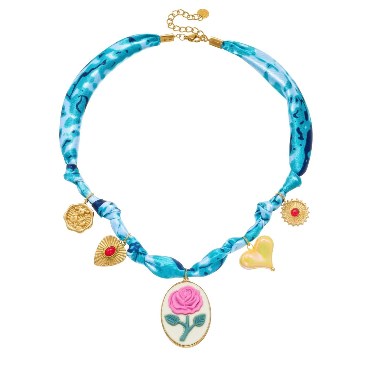 Collie rose pour femme, en acier inoxydable doré, foulard bleu avec cœur, soleil et breloques décoratives