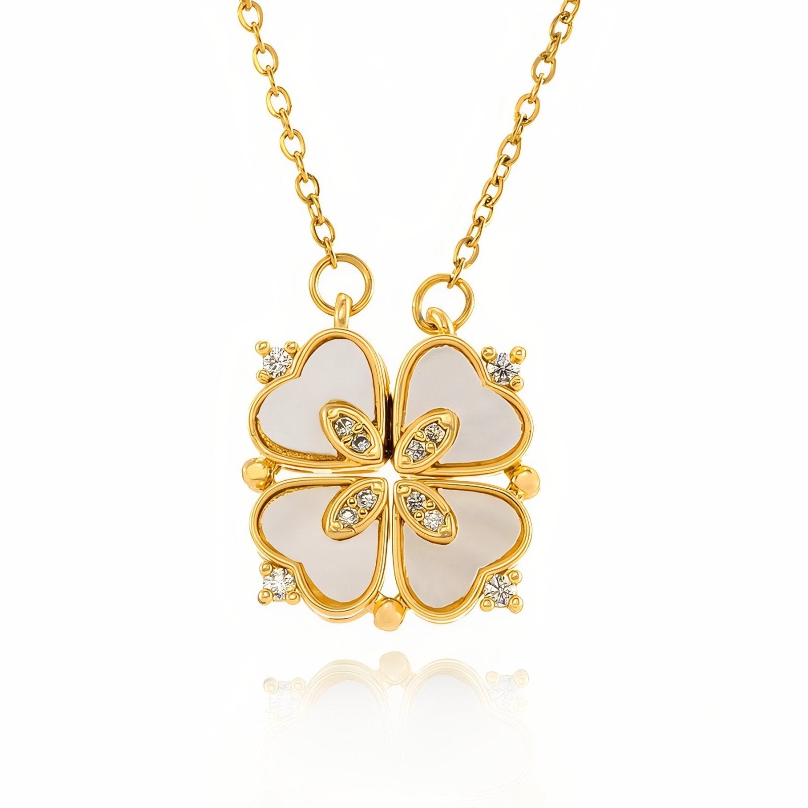 Collier 2 - en - 1 transformable, cœur blanc nacré et zircon, doré élégant, modèle Fortune
