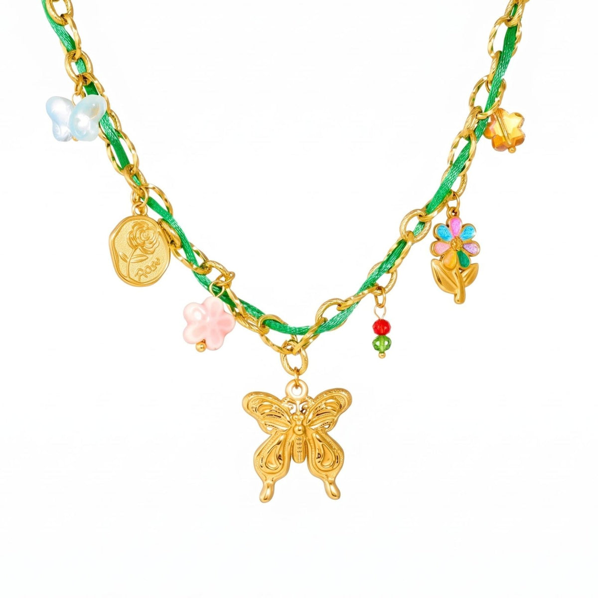 Collier à breloques pour femme, en acier inoxydable doré, cordon vert avec pendentif papillon et charms floraux