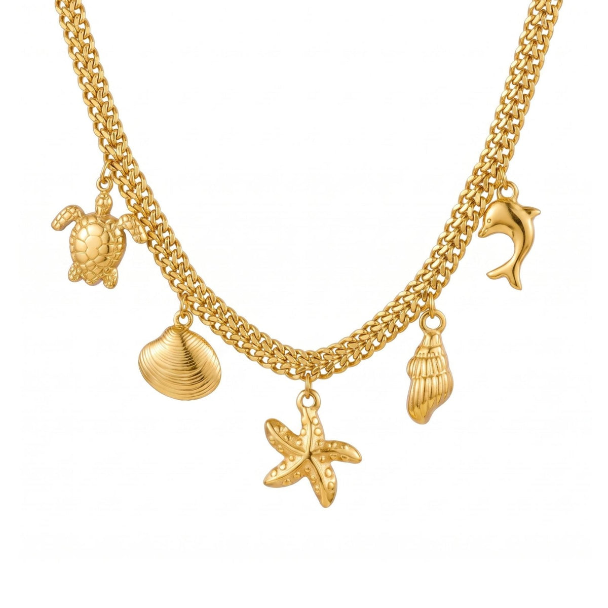 Collier à charms marins pour femme, en acier inoxydable doré, chaîne épaisse avec pendentifs étoile de mer, coquillages et animaux marins
