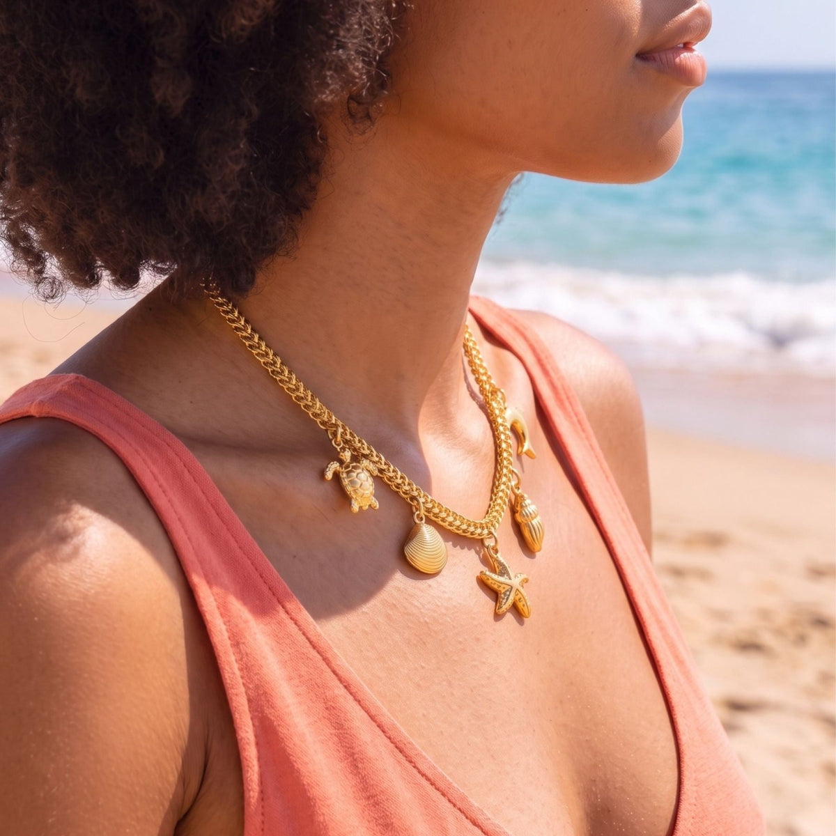Collier à charms marins pour femme, en acier inoxydable doré, chaîne épaisse avec pendentifs étoile de mer, coquillages et animaux marins