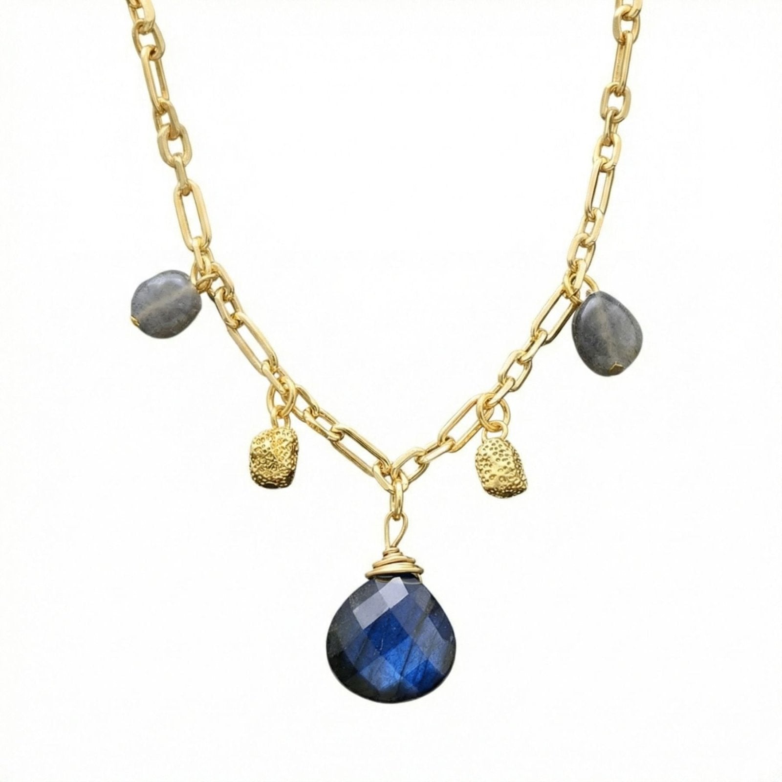 Collier à pampilles en labradorite ou améthyste, chaîne dorée large, style bohème raffiné pour femme