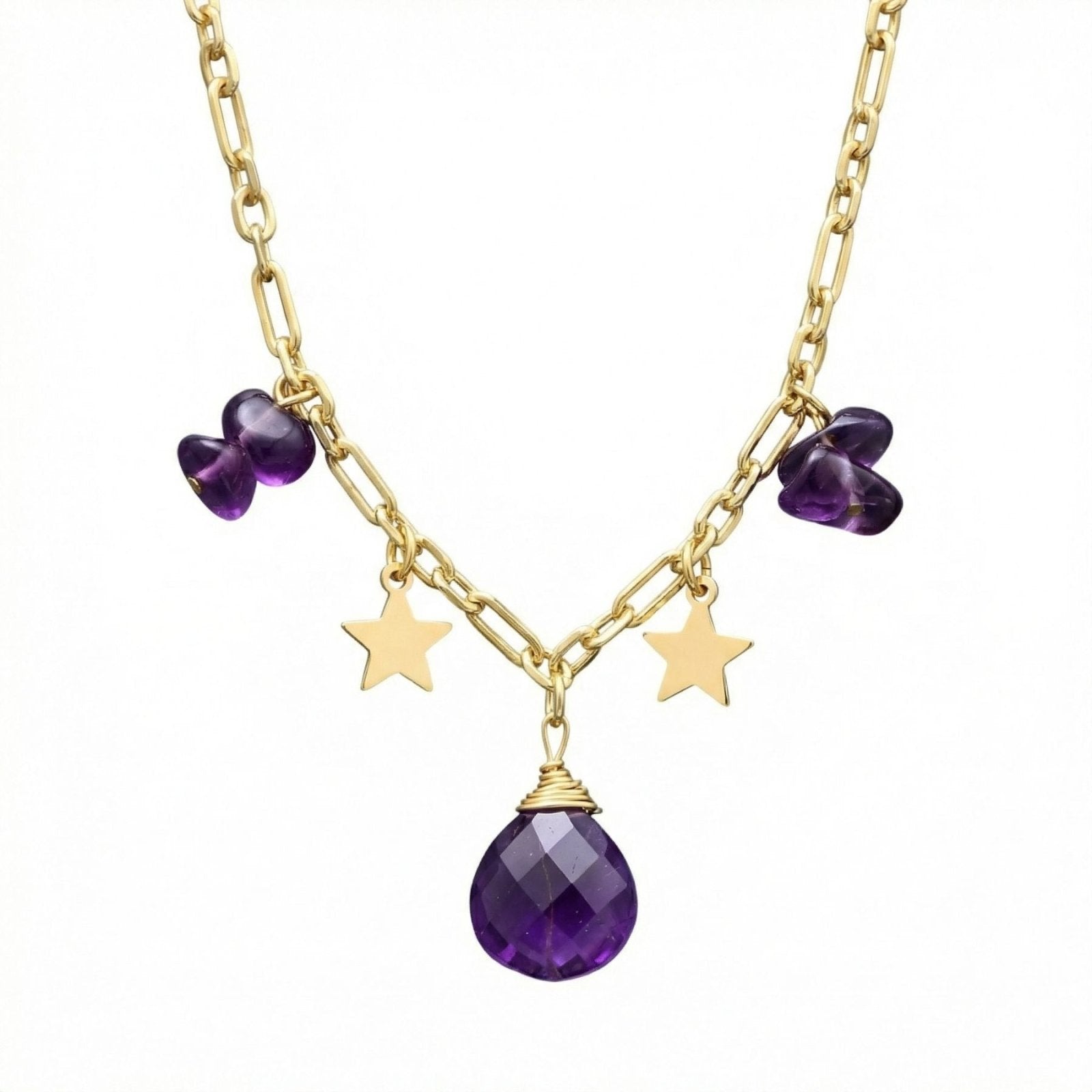 Collier à pampilles en labradorite ou améthyste, chaîne dorée large, style bohème raffiné pour femme