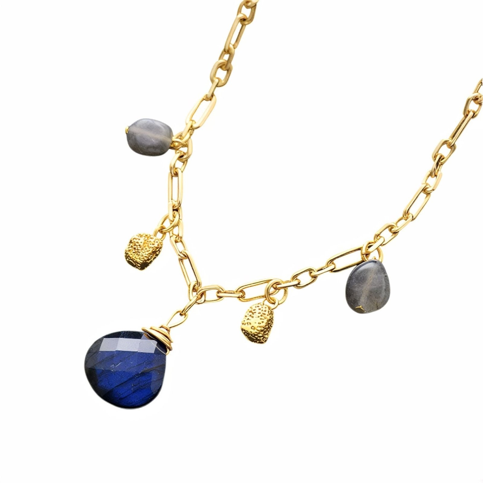 Collier à pampilles en labradorite ou améthyste, chaîne dorée large, style bohème raffiné pour femme, modèle Leyla