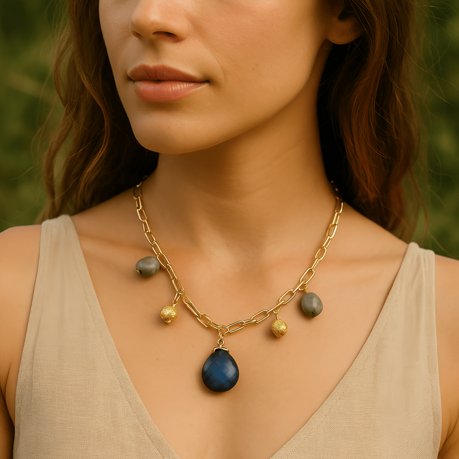 Collier à pampilles en labradorite ou améthyste, chaîne dorée large, style bohème raffiné pour femme, modèle Leyla