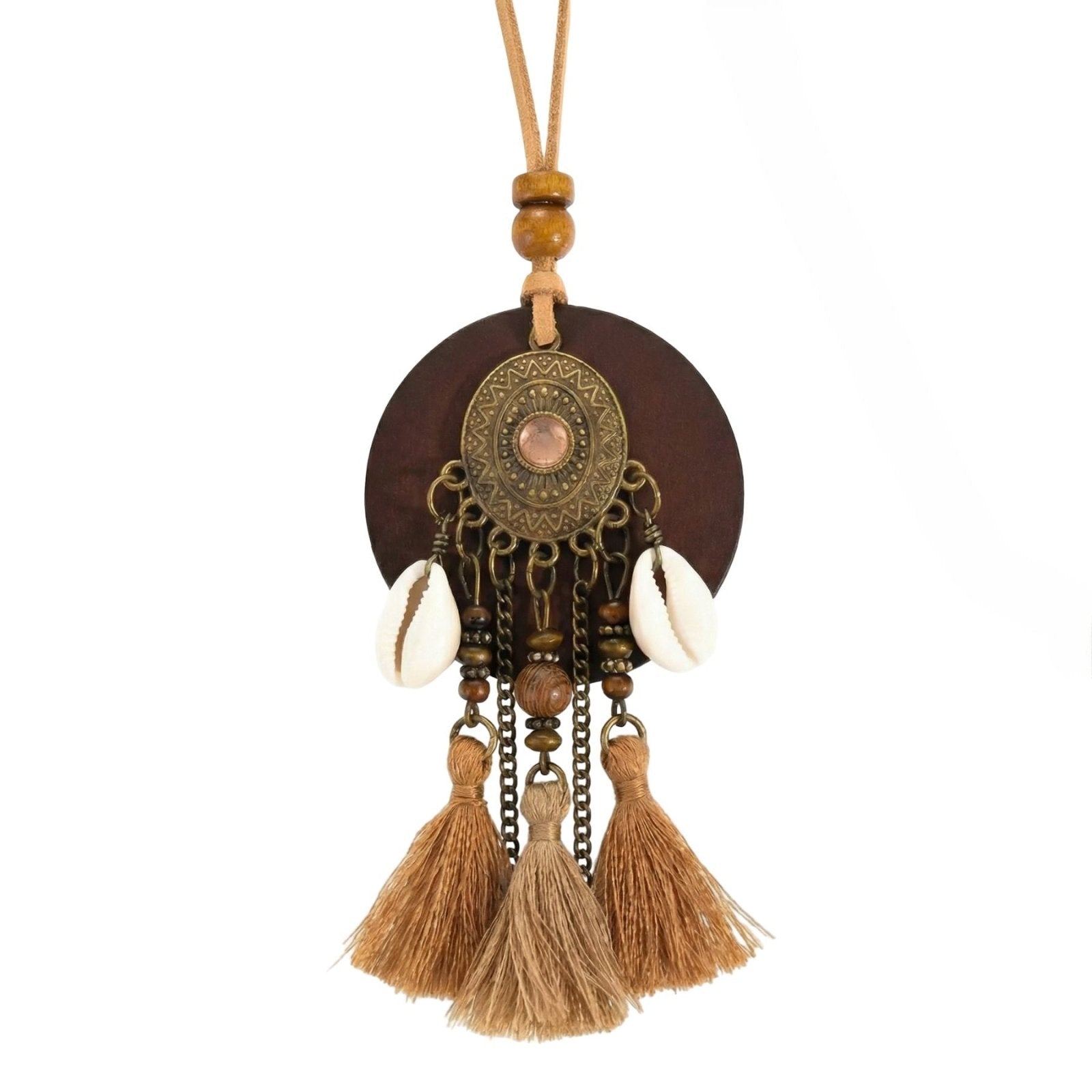 Collier africain en bois, avec pendentif rond ethnique et coquillages, en alliage métallique