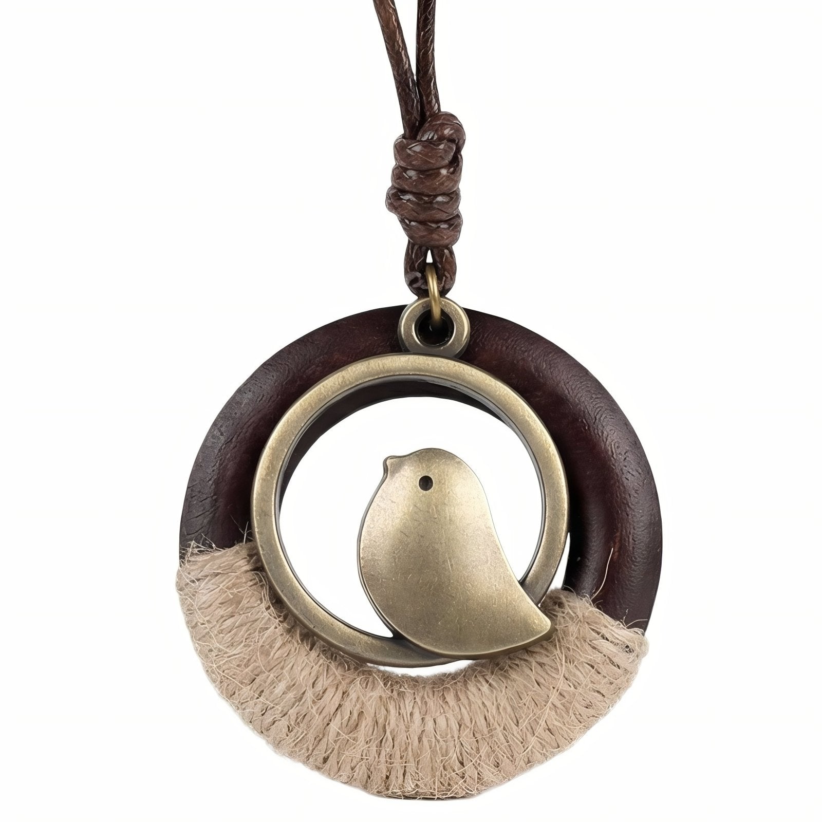 Collier africain en bois naturel, avec pendentif rond et oiseau en alliage métallique, cordon ajustable