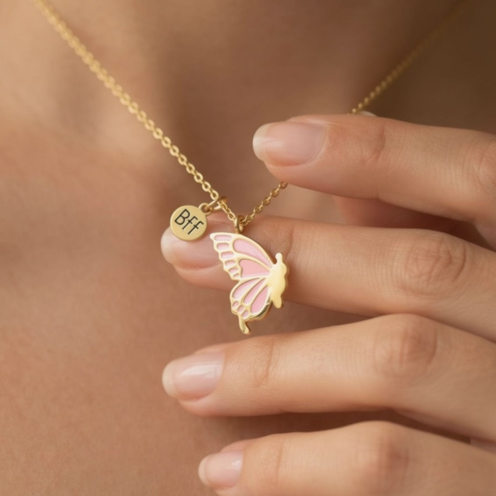 Collier amitié, avec pendentif double papillon, en acier inoxydable et résine