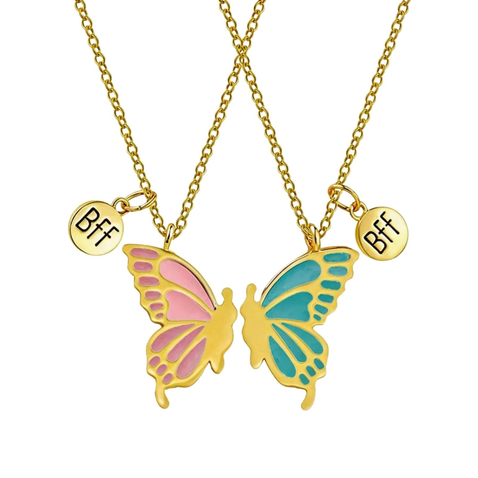 Collier amitié, avec pendentif double papillon, en acier inoxydable et résine