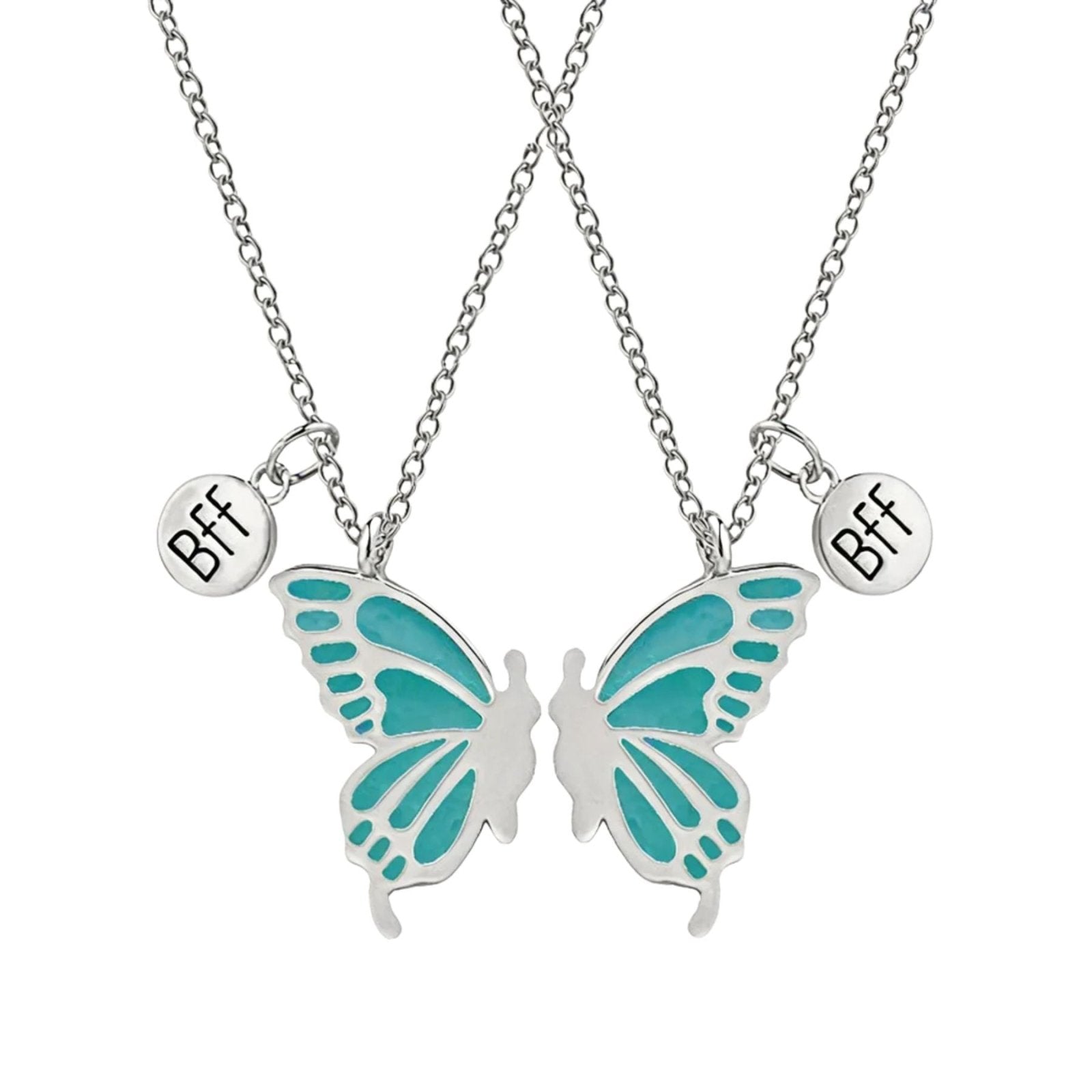 Collier amitié, avec pendentif double papillon, en acier inoxydable et résine