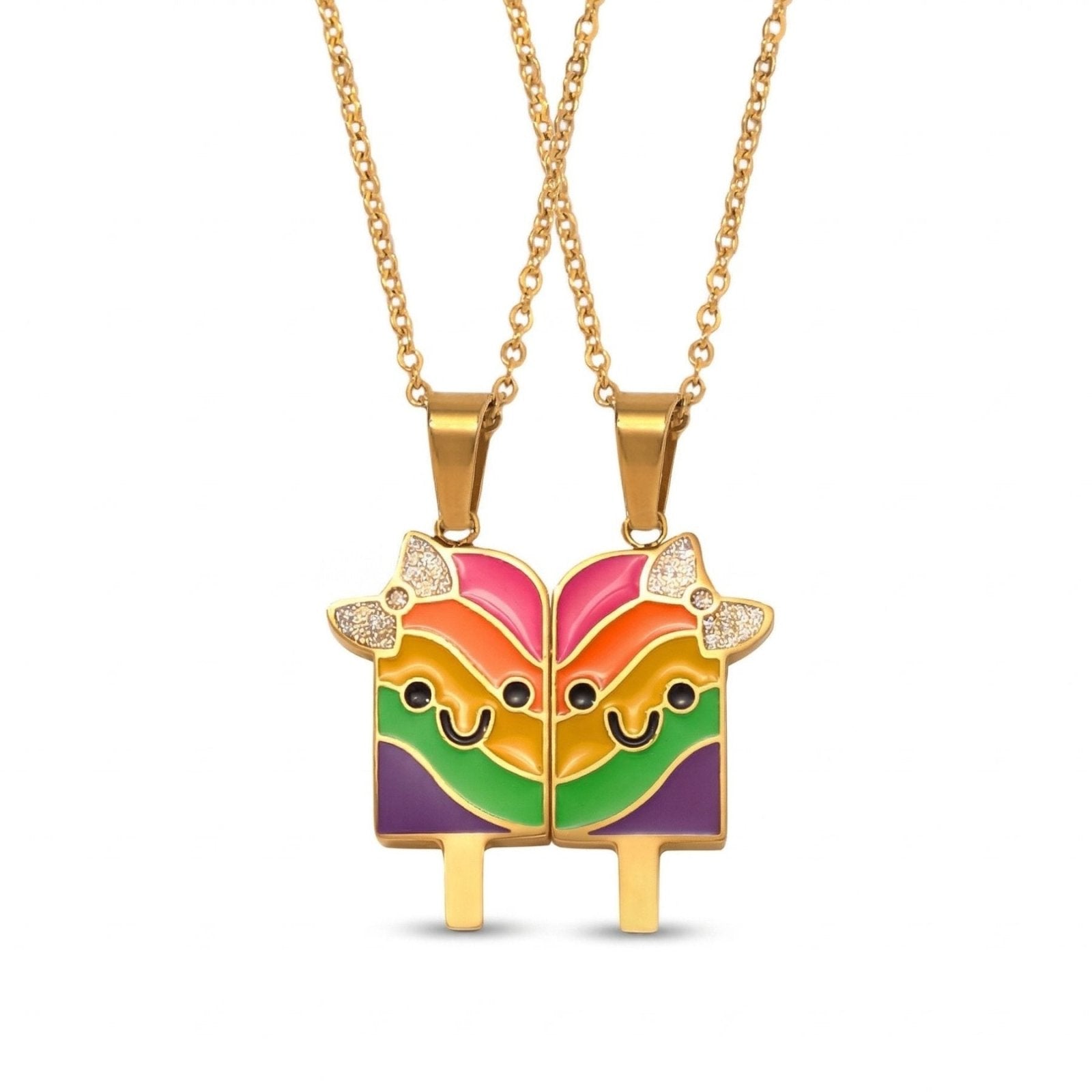 Collier amitié, avec pendentif glace multicolore, en acier inoxydable et émail