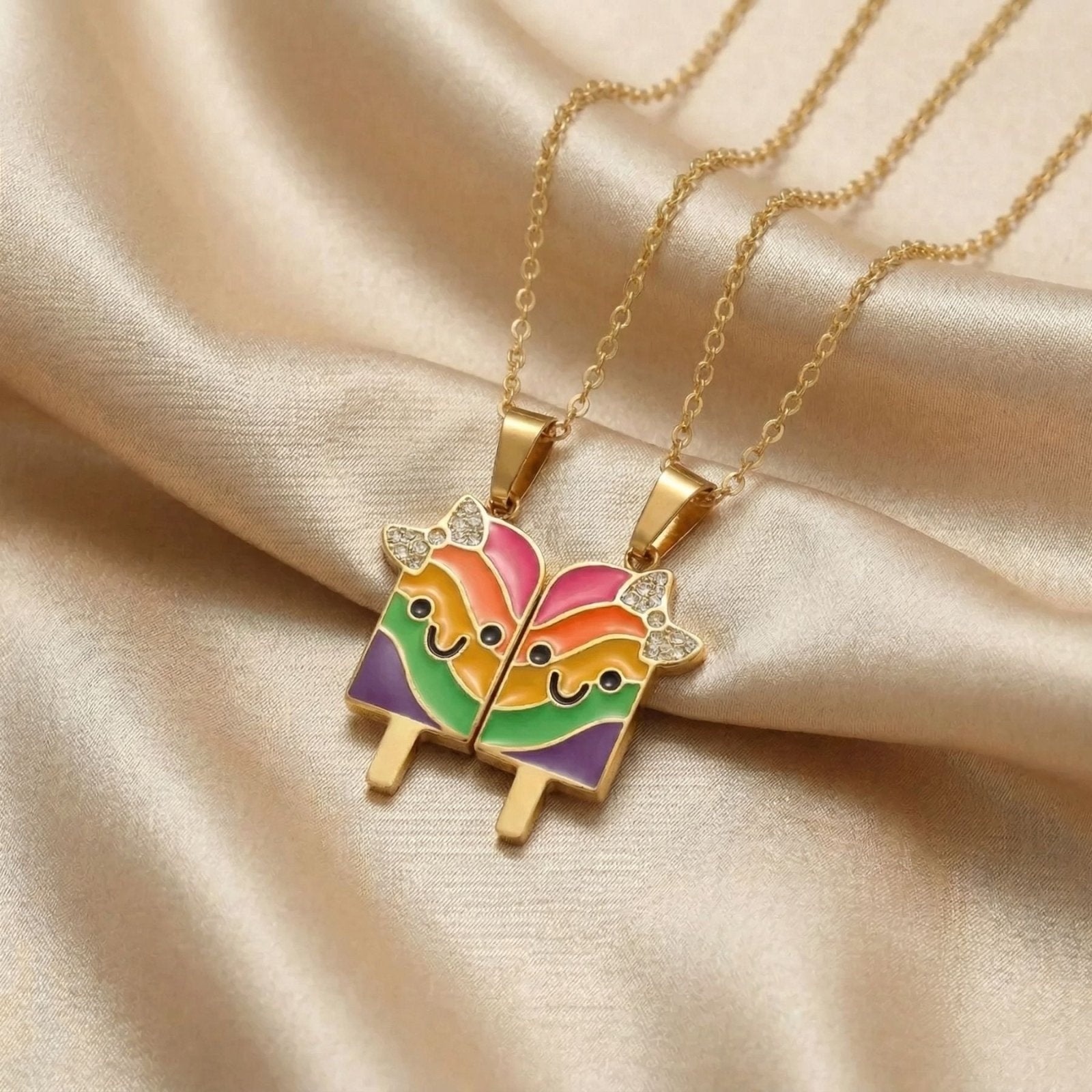 Collier amitié, avec pendentif glace multicolore, en acier inoxydable et émail