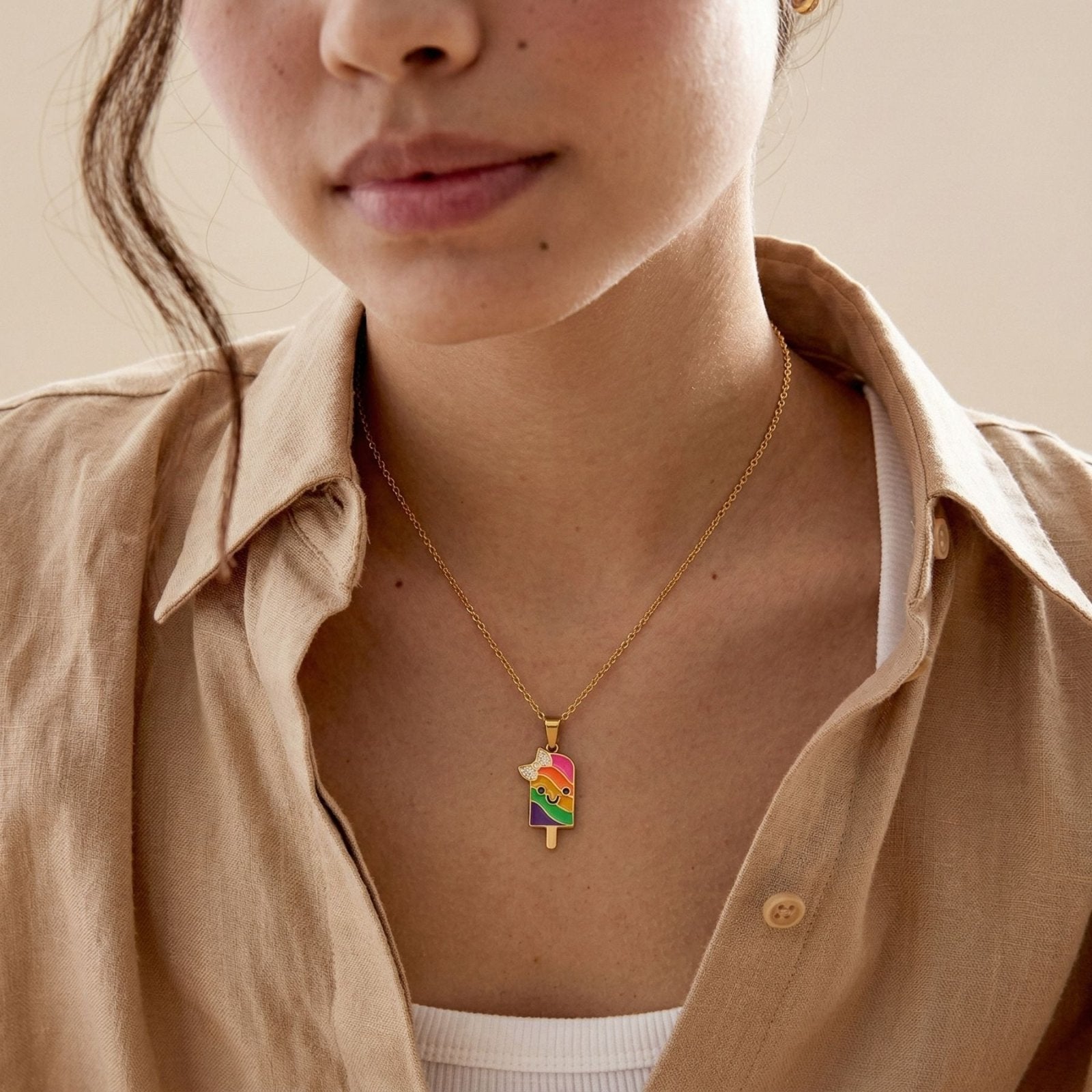 Collier amitié, avec pendentif glace multicolore, en acier inoxydable et émail
