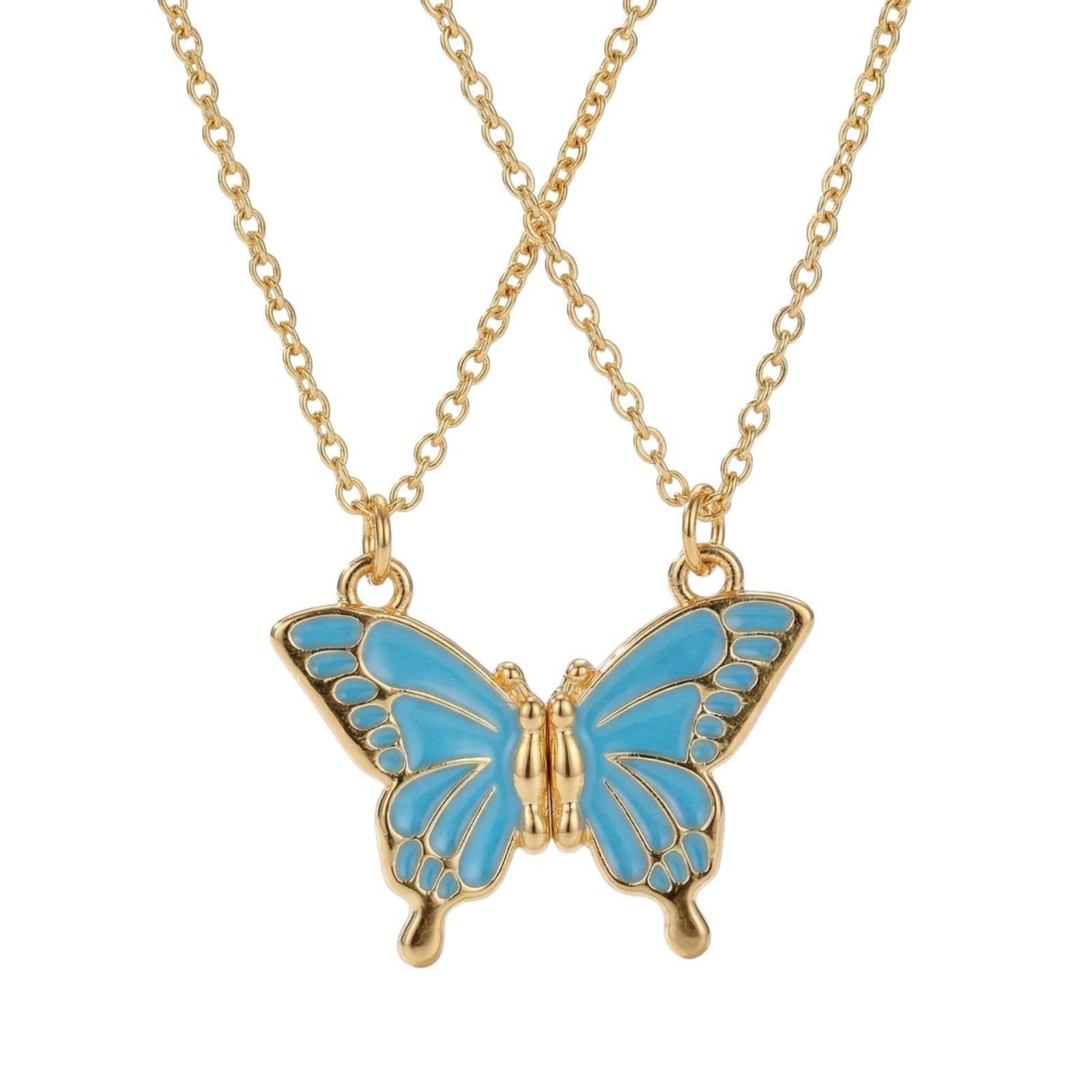 Collier amitié, avec pendentif papillon magnétique, en acier inoxydable et émail