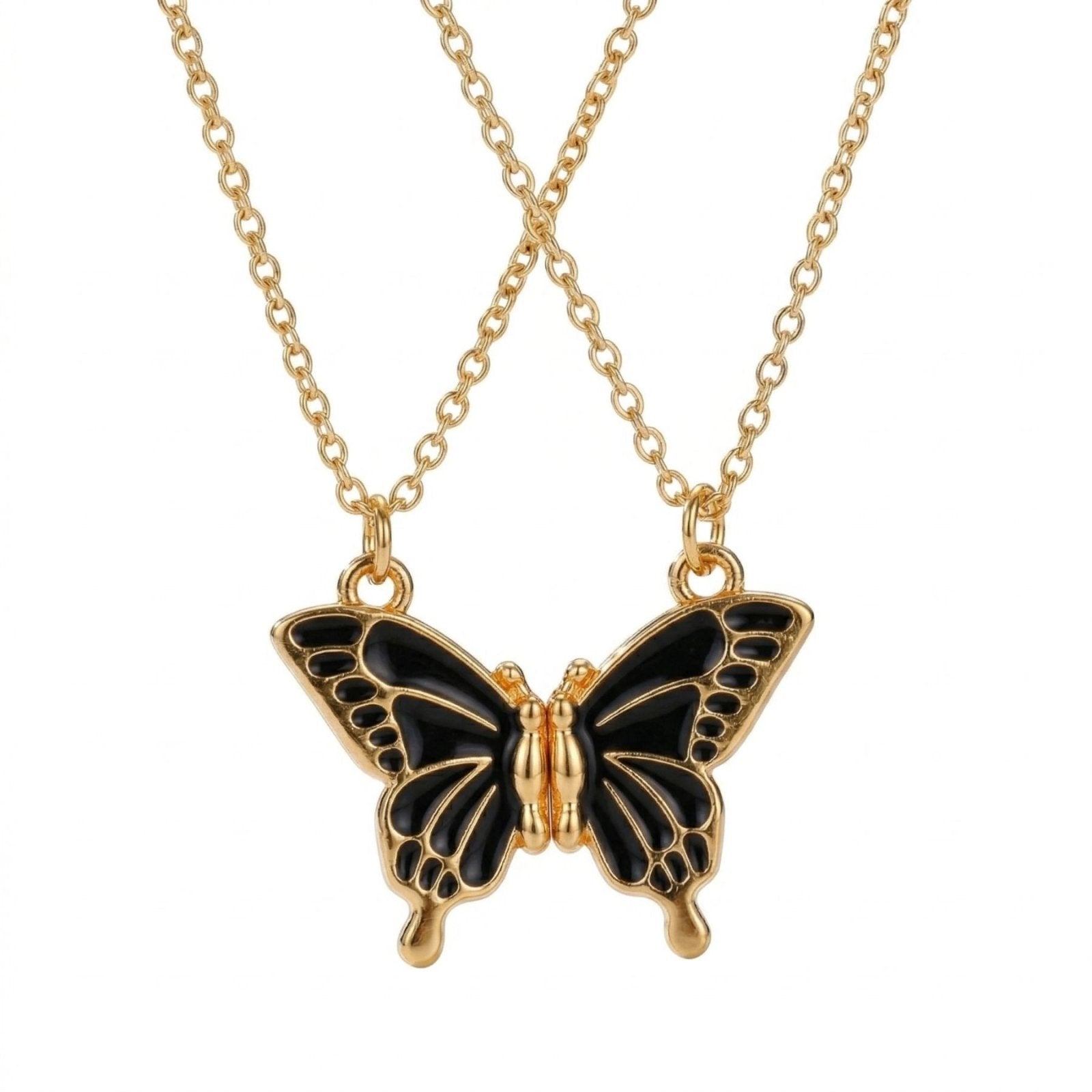 Collier amitié, avec pendentif papillon magnétique, en acier inoxydable et émail
