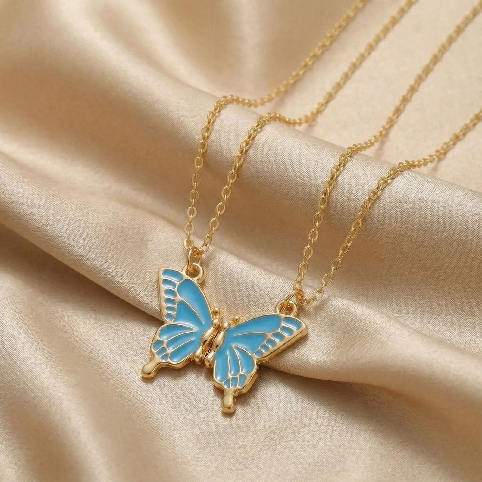 Collier amitié, avec pendentif papillon magnétique, en acier inoxydable et émail