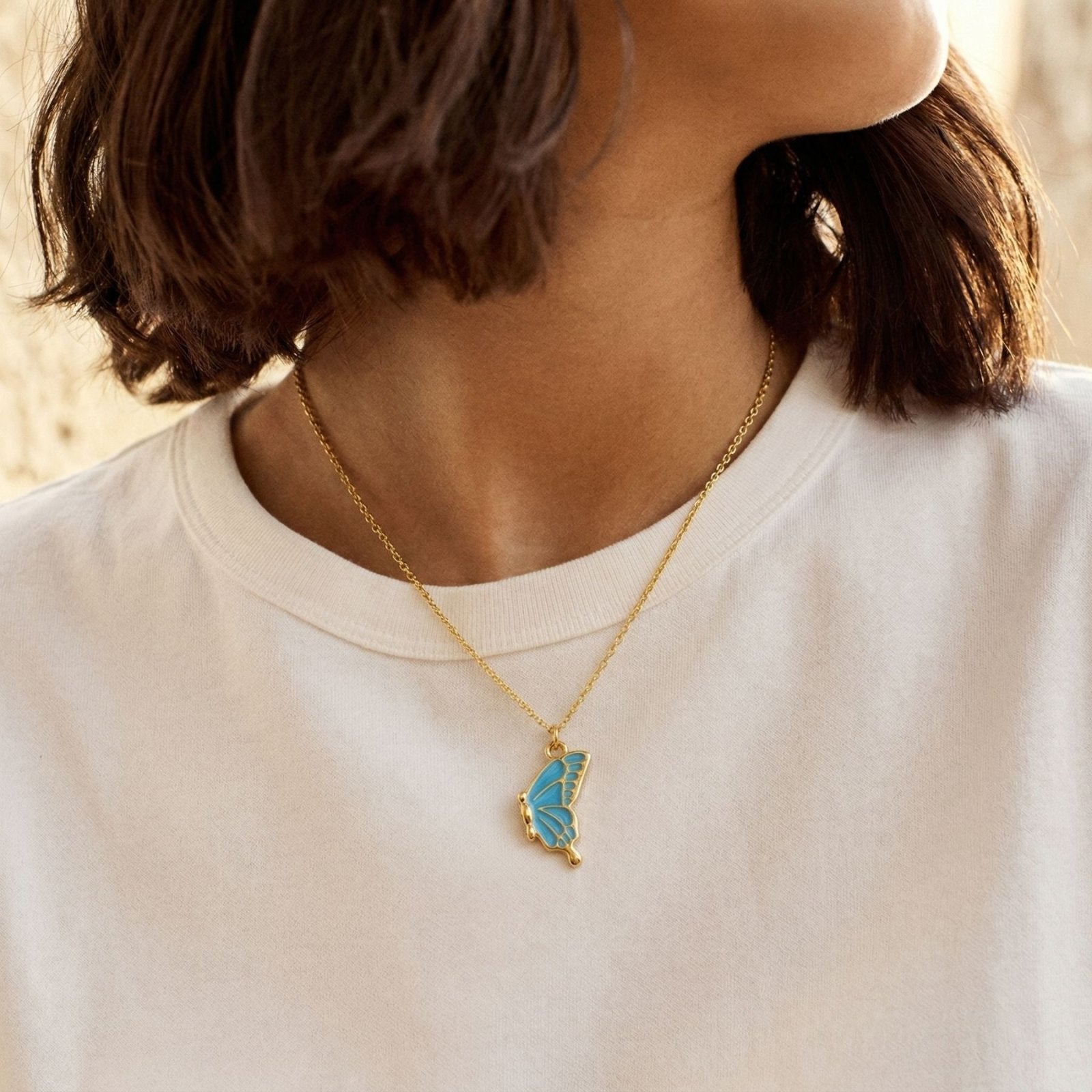 Collier amitié, avec pendentif papillon magnétique, en acier inoxydable et émail