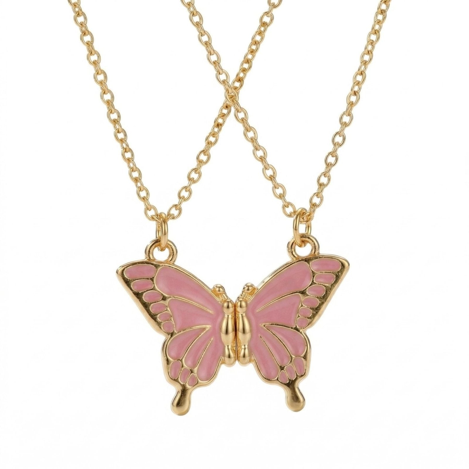 Collier amitié, avec pendentif papillon magnétique, en acier inoxydable et émail