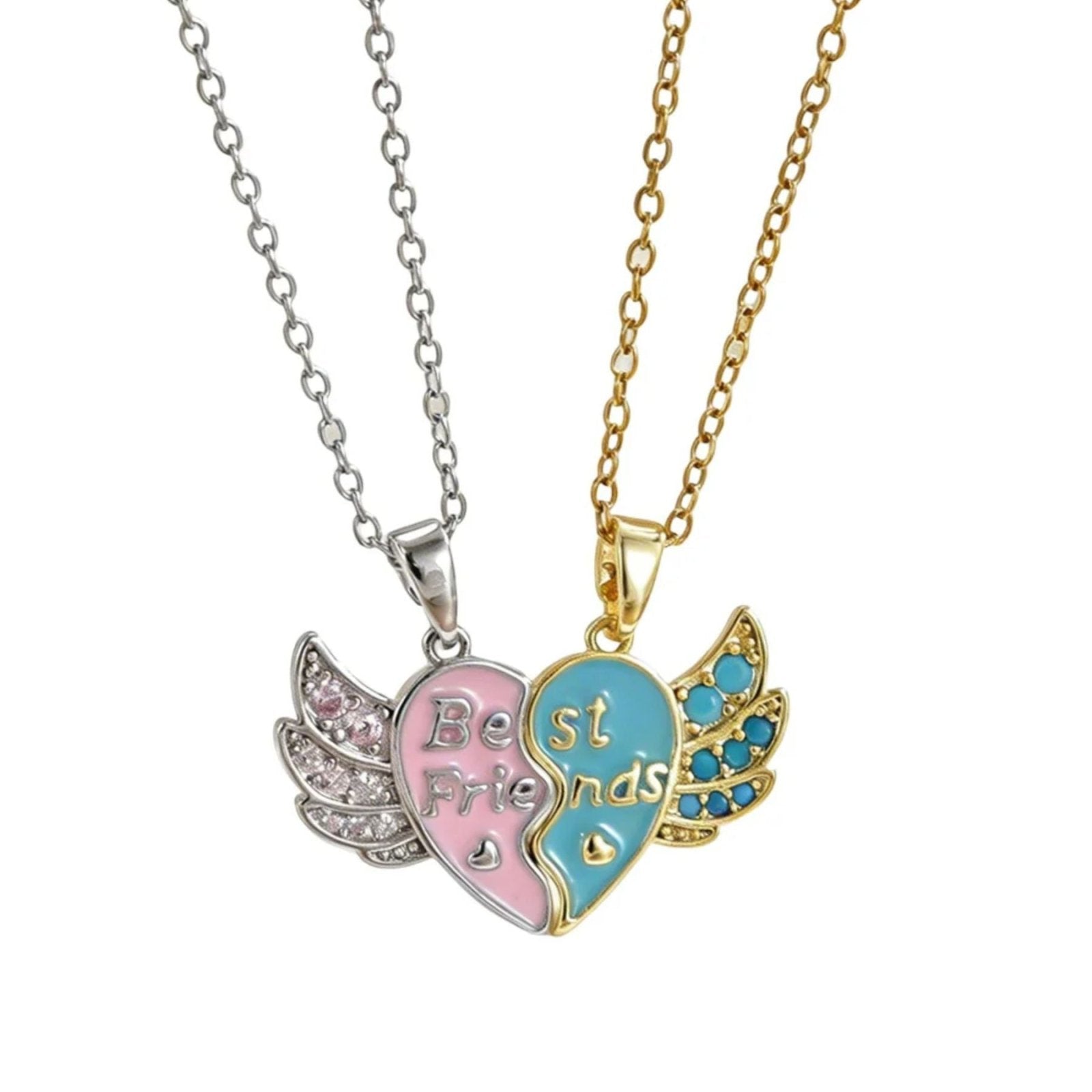 Collier amitié pour femme, avec pendentif en forme de cœur orné d’ailes, en cuivre et émail