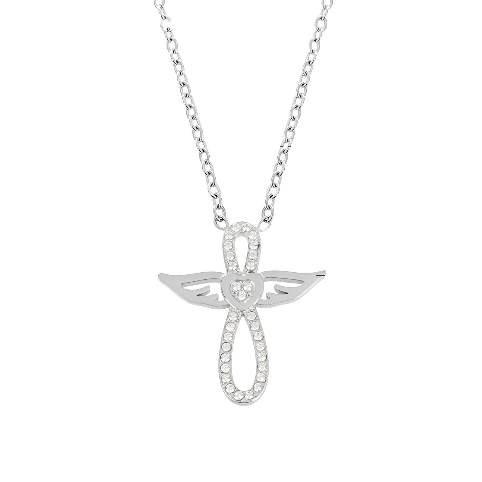 Collier ange ailé en acier inoxydable, forme de croix, serti de zircons brillants, modèle Bellewing