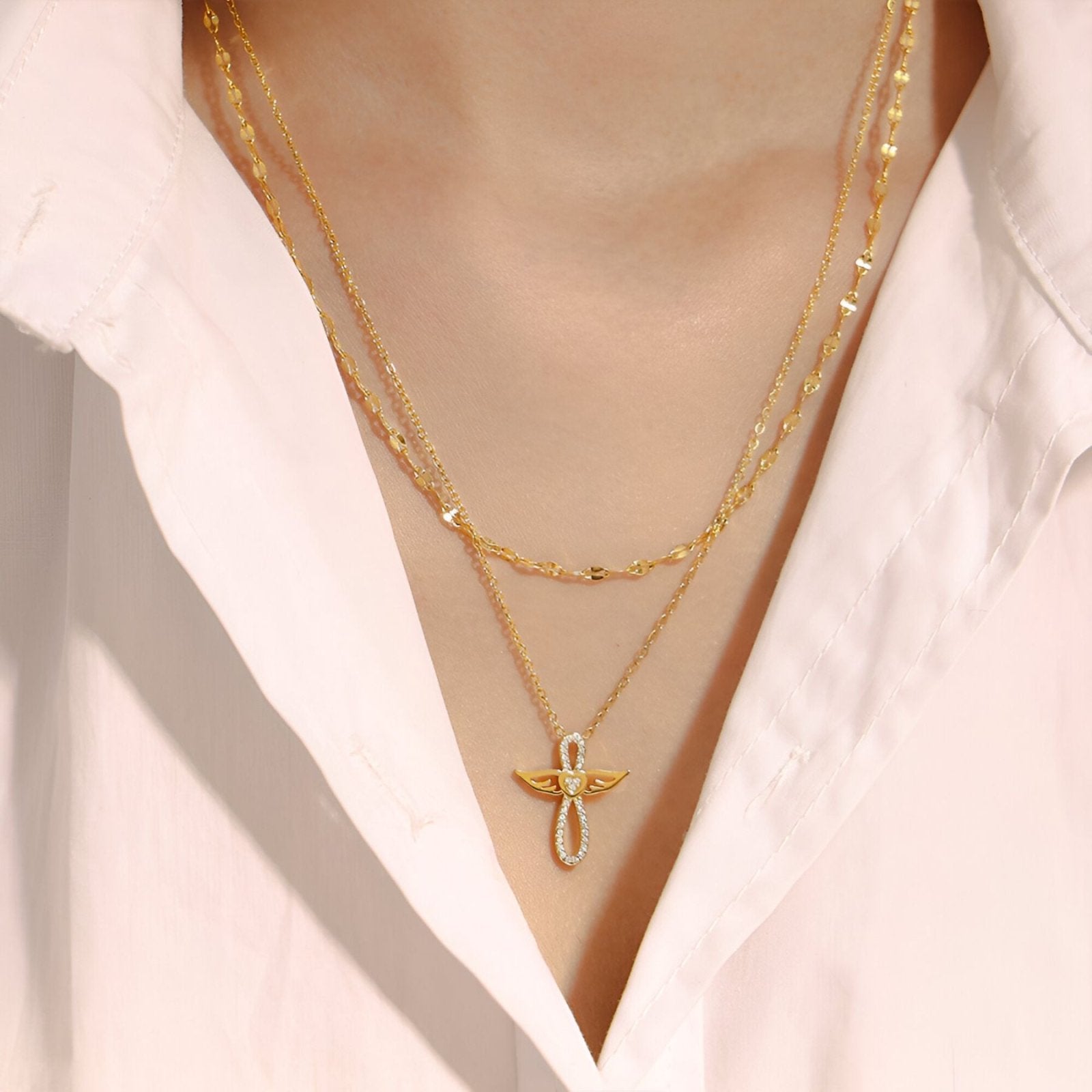 Collier ange ailé en acier inoxydable, forme de croix, serti de zircons brillants, modèle Bellewing