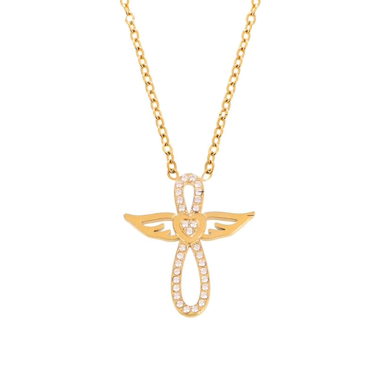 Collier ange ailé en acier inoxydable, forme de croix, serti de zircons brillants, modèle Bellewing