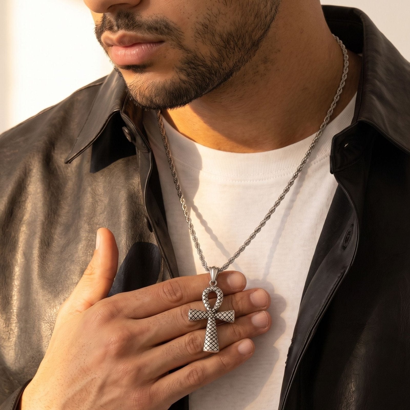 Collier ankh argent pour homme, en acier inoxydable, style égyptien