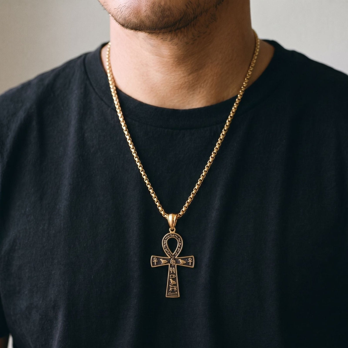 Collier ankh pour homme, en acier inoxydable doré, style égyptien