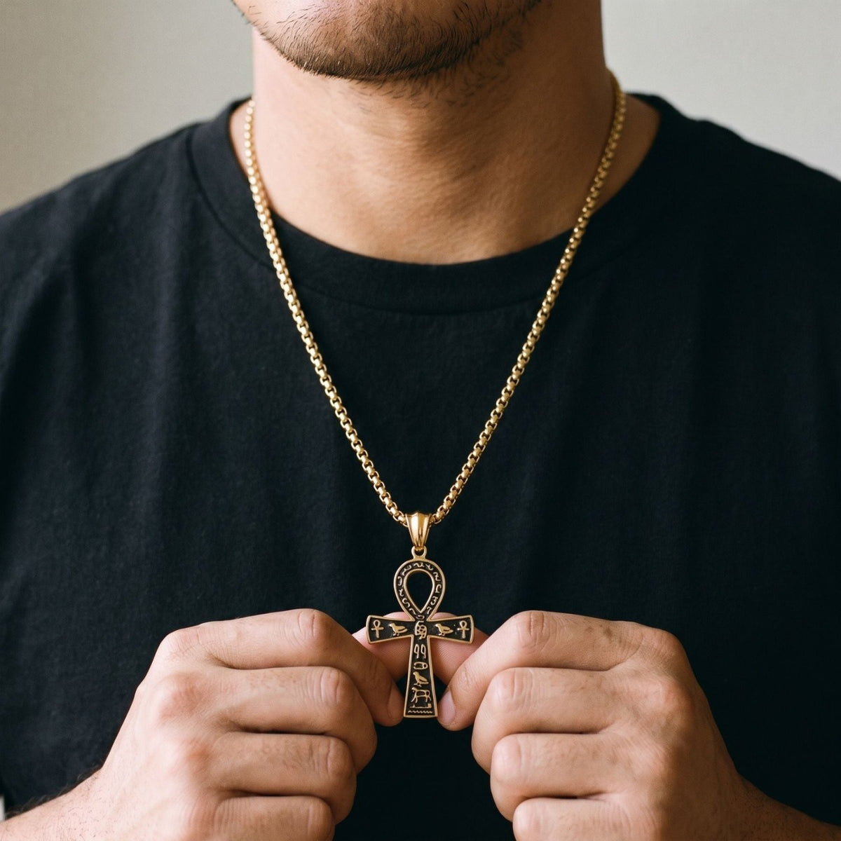 Collier ankh pour homme, en acier inoxydable doré, style égyptien