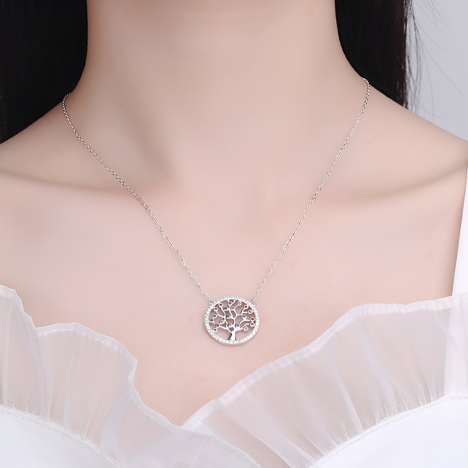 Collier arbre de vie en argent 925, pendentif rond serti de cristaux multicolores, chaîne fine pour femme, modèle Naya