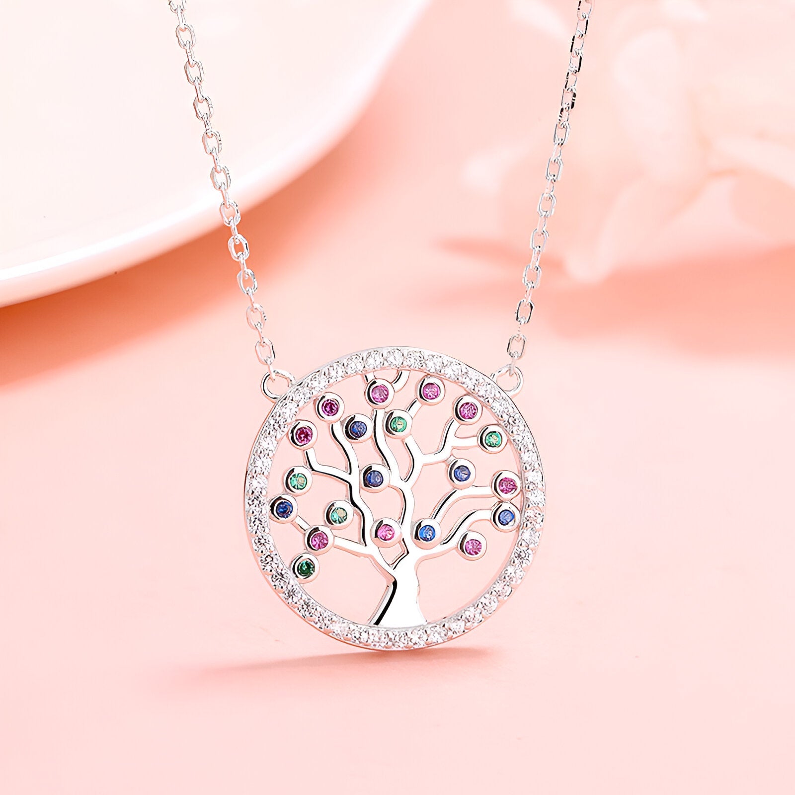 Collier arbre de vie en argent 925, pendentif rond serti de cristaux multicolores, chaîne fine pour femme, modèle Naya