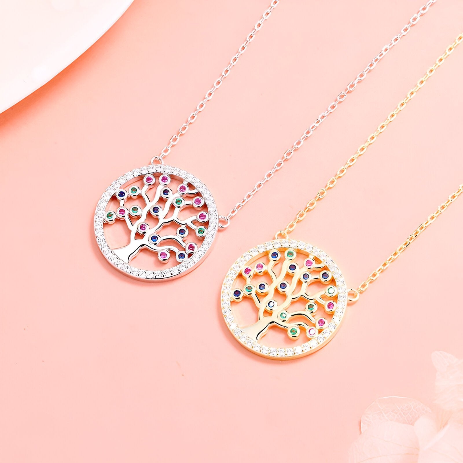 Collier arbre de vie en argent 925, pendentif rond serti de cristaux multicolores, chaîne fine pour femme, modèle Naya