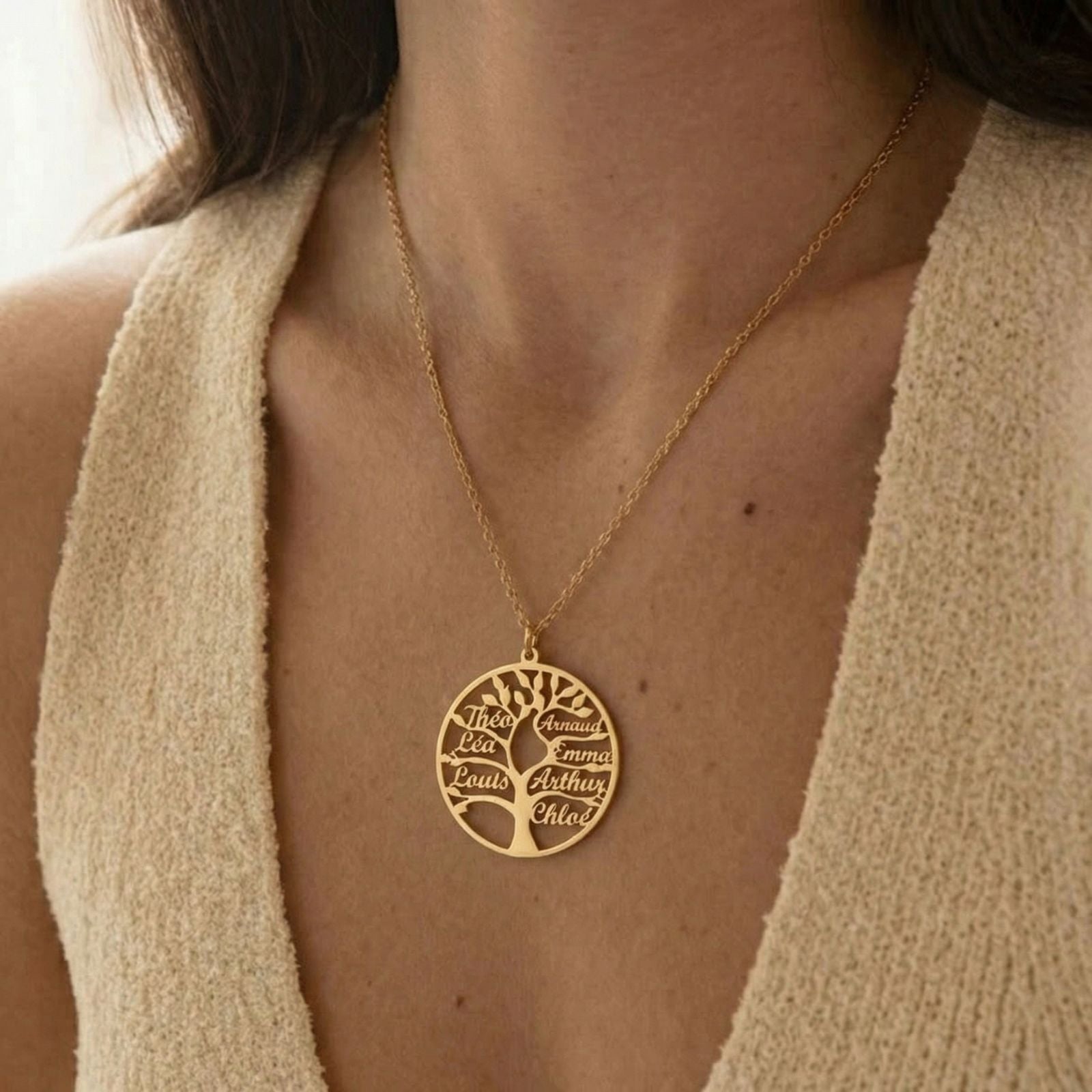 Collier arbre de vie familial, personnalisable avec prénoms, en acier inoxydable