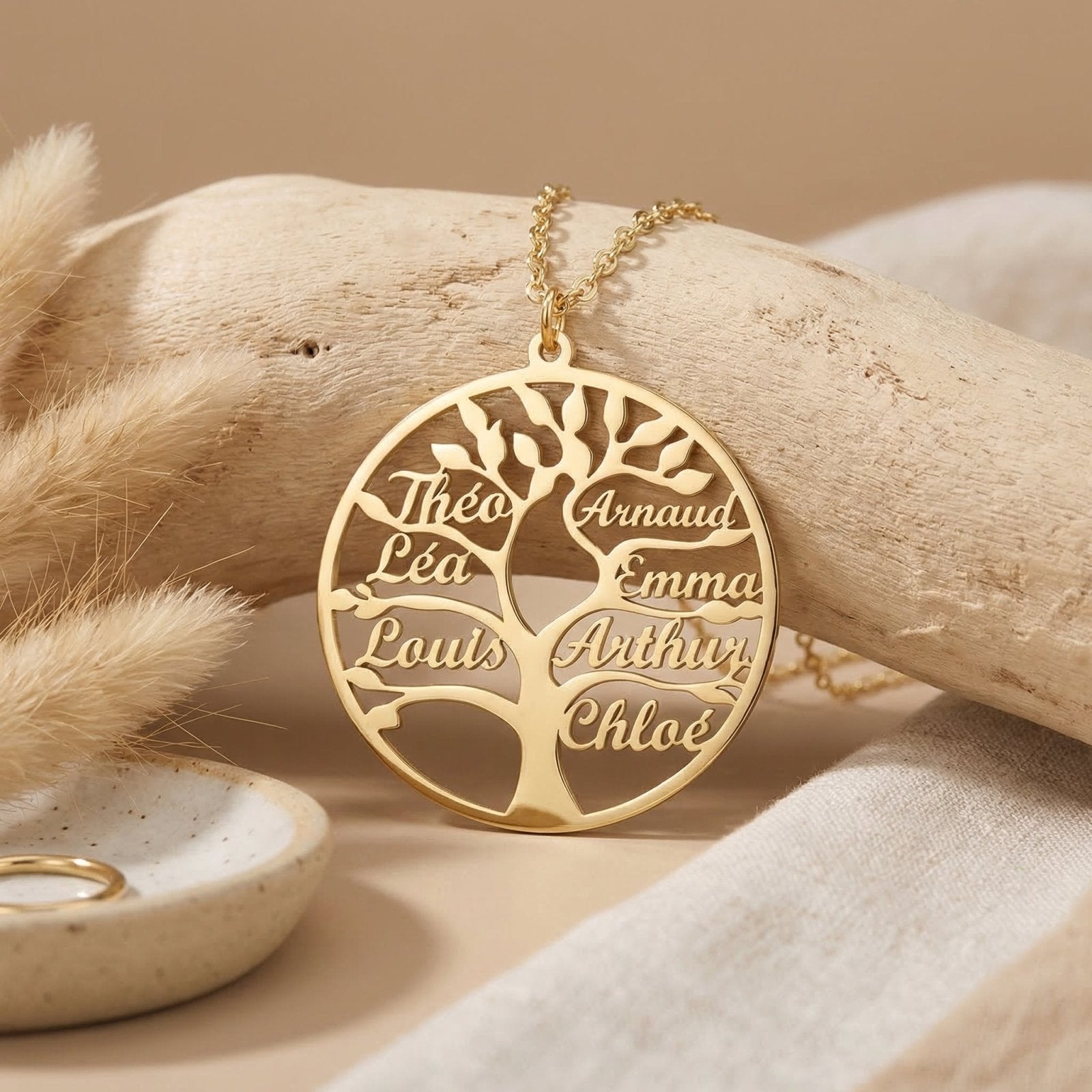 Collier arbre de vie familial, personnalisable avec prénoms, en acier inoxydable