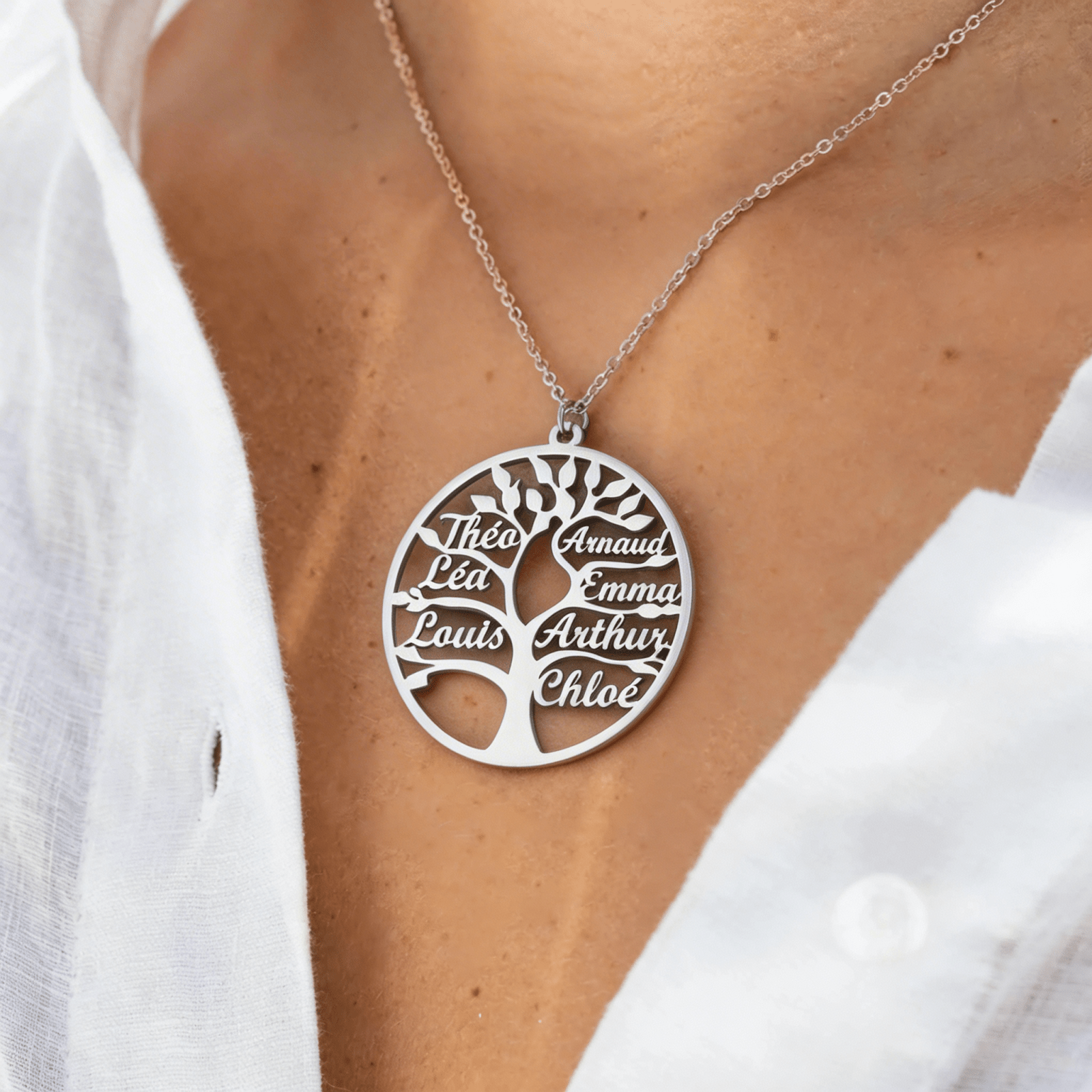 Collier arbre de vie familial, personnalisable avec prénoms, en acier inoxydable