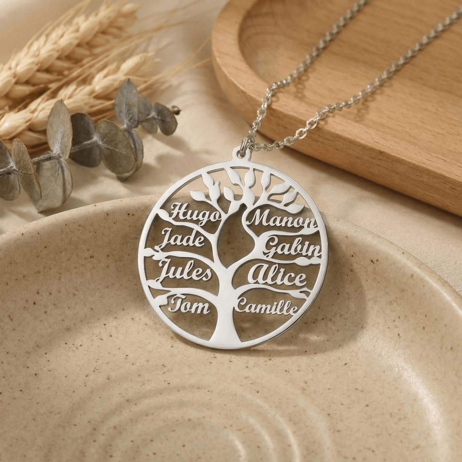 Collier arbre de vie familial, personnalisable avec prénoms, en acier inoxydable