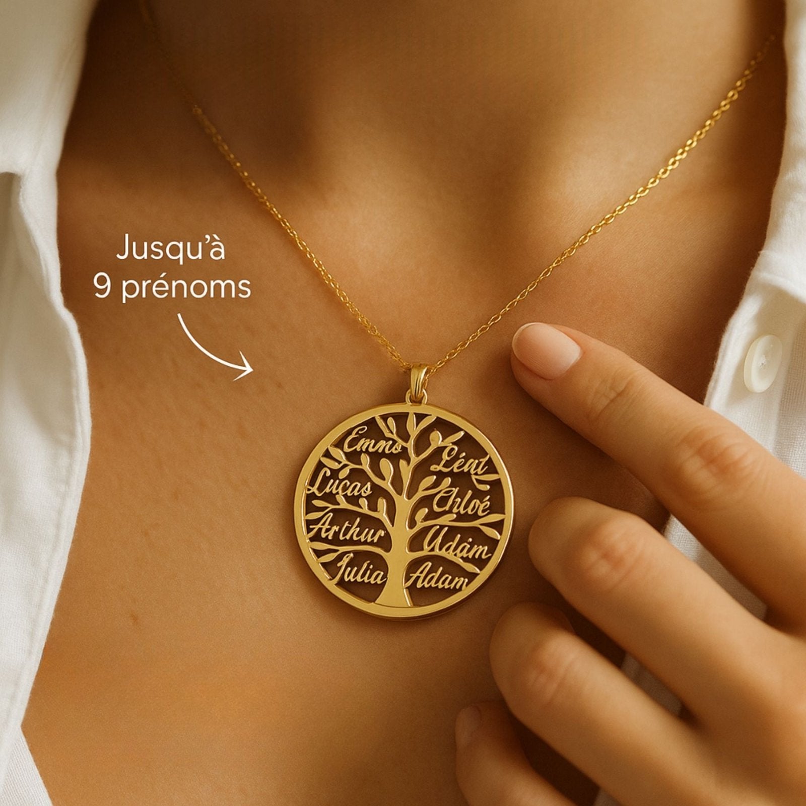 Collier arbre de vie familial, personnalisable avec prénoms, en acier inoxydable, modèle Oriane