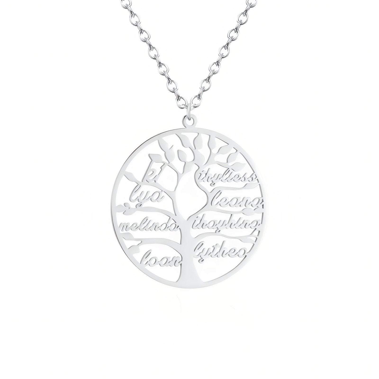 Collier arbre de vie familial, personnalisable avec prénoms, en acier inoxydable, modèle Oriane